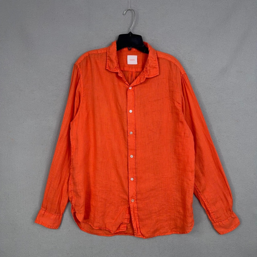 SWIMS Shirt Mens Large Orange Plain 100% Linen Long Sleeve Summer Beach Casual